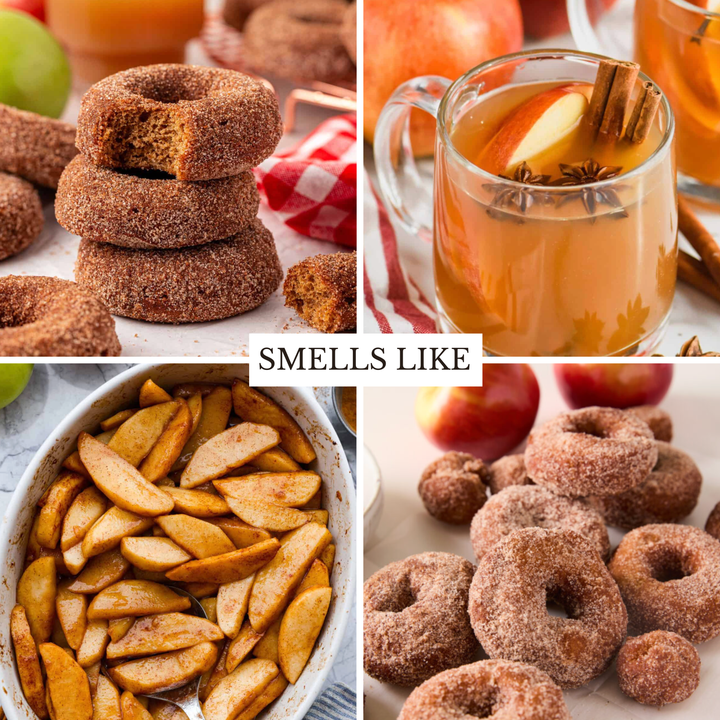 A four-panel collage showing apple cinnamon donuts, cinnamon apple slices, an apple spice drink in a glass mug, and a pile of sugar-coated donuts, with the text 'SMELLS LIKE' in the center.