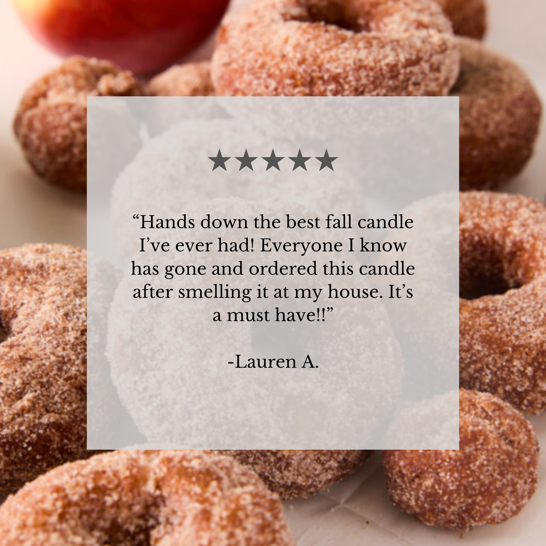 A product review card featuring a five-star rating and a quote by Lauren A., overlaid on a background photo of sugar-coated donuts.