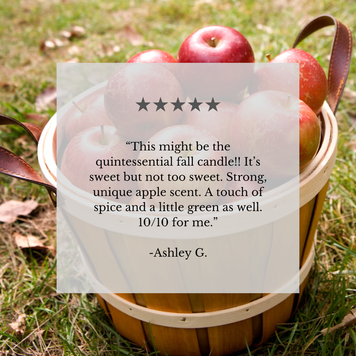 A wooden basket filled with red apples on grass, with a translucent white text overlay showing a customer review quote and star rating.