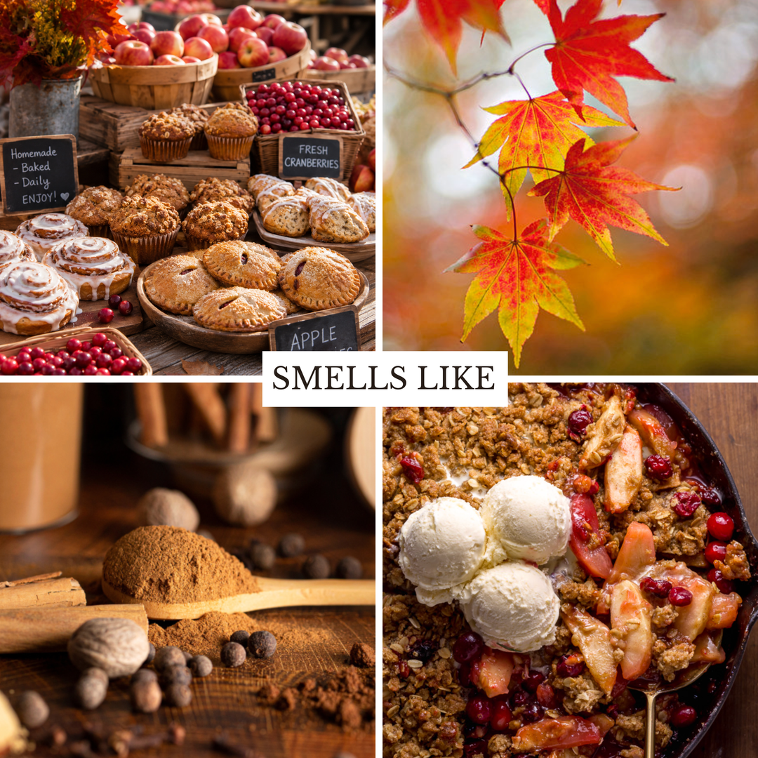 A four-panel autumn food collage with the central text 'SMELLS LIKE'. The panels show baked goods like apple cinnamon rolls, apple crisp, cranberry muffins, and spices on a rustic table, alongside colorful fall leaves and a dessert topped with vanilla ice cream.
