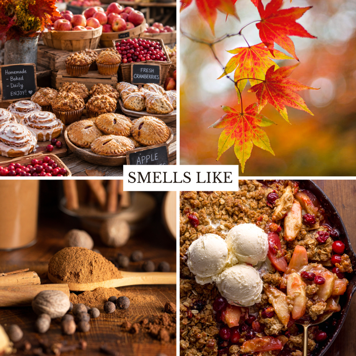 A four-panel autumn food collage with the central text 'SMELLS LIKE'. The panels show baked goods like apple cinnamon rolls, apple crisp, cranberry muffins, and spices on a rustic table, alongside colorful fall leaves and a dessert topped with vanilla ice cream.