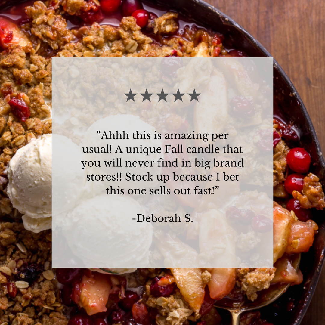 A close-up food photo of a fruit crisp or berry crumble dessert in a dark skillet, with a large semi-transparent white text box overlaid in the center containing a customer review quote attributed to Deborah S.