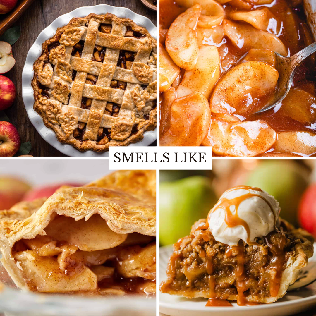 A four-panel collage showing apple pie dishes: a whole lattice-top pie, a close-up of glossy apple pieces in sauce, a pie crust opening showing apple filling, and a slice topped with whipped cream and caramel drizzle. A centered text overlay reads “SMELLS LIKE.