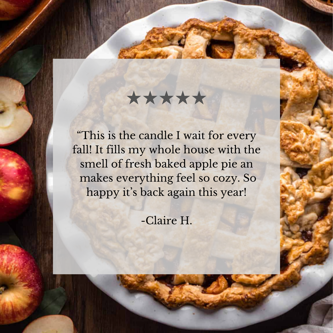 A square product listing graphic featuring a five-star review quote from Claire H. overlaid on a photo of a baked apple pie on a white plate, with red apples on a dark wooden table around it.