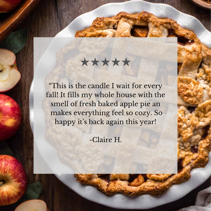 A square product listing graphic featuring a five-star review quote from Claire H. overlaid on a photo of a baked apple pie on a white plate, with red apples on a dark wooden table around it.