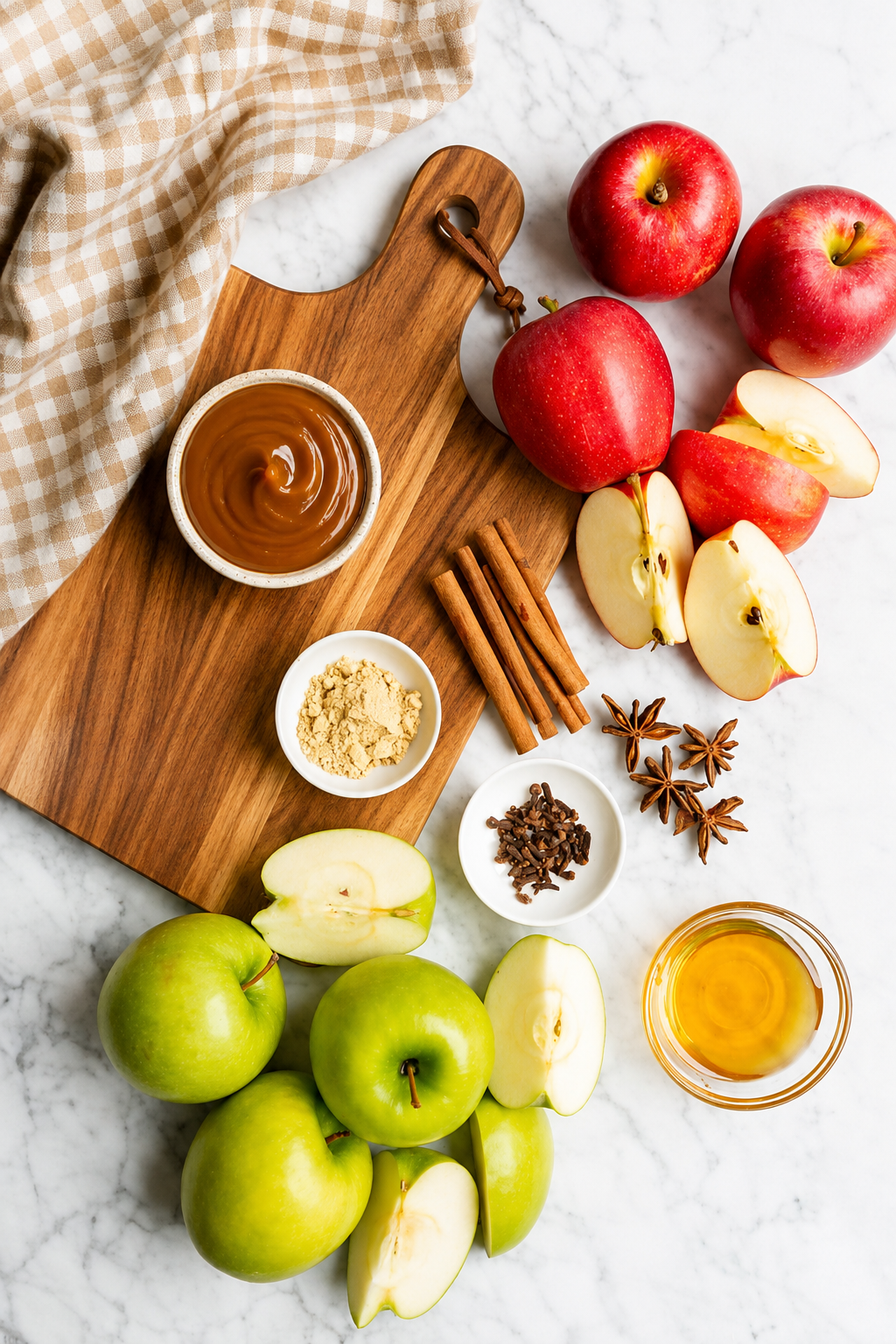 A styled flat-lay of apple-based ingredients on a white marble surface, including red and green apples, cinnamon sticks, star anise, small bowls of brown spread and powder, and a glass of honey, arranged around a wooden cutting board.