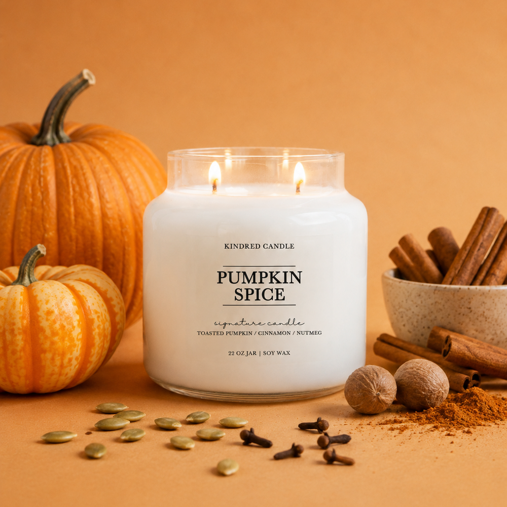 A lit white candle in a clear glass jar labeled 'Pumpkin Spice' by Kindred Candle, styled on a warm orange surface with pumpkins, cinnamon sticks, seeds, and cloves around it.