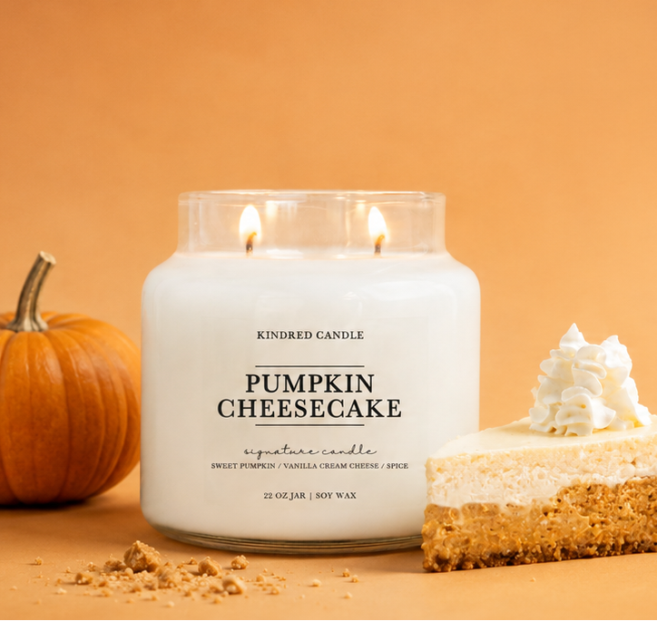 A white candle jar labeled 'Pumpkin Cheesecake' sits on a warm orange background beside a small orange pumpkin and a slice of pumpkin cheesecake with whipped cream.