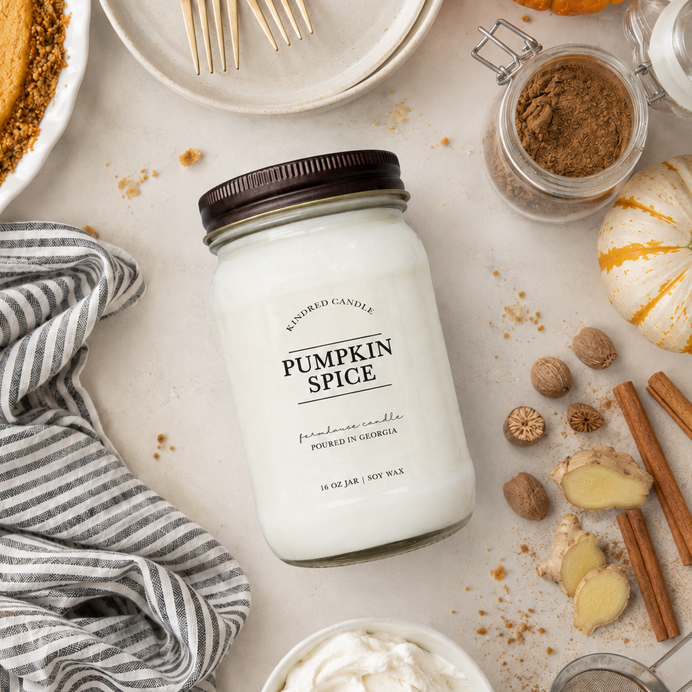 A jar candle labeled 'Pumpkin Spice' by Kindred Candle is styled in a cozy autumn flat-lay with cinnamon sticks, nutmegs, a striped cloth, and baking ingredients on a light beige surface.