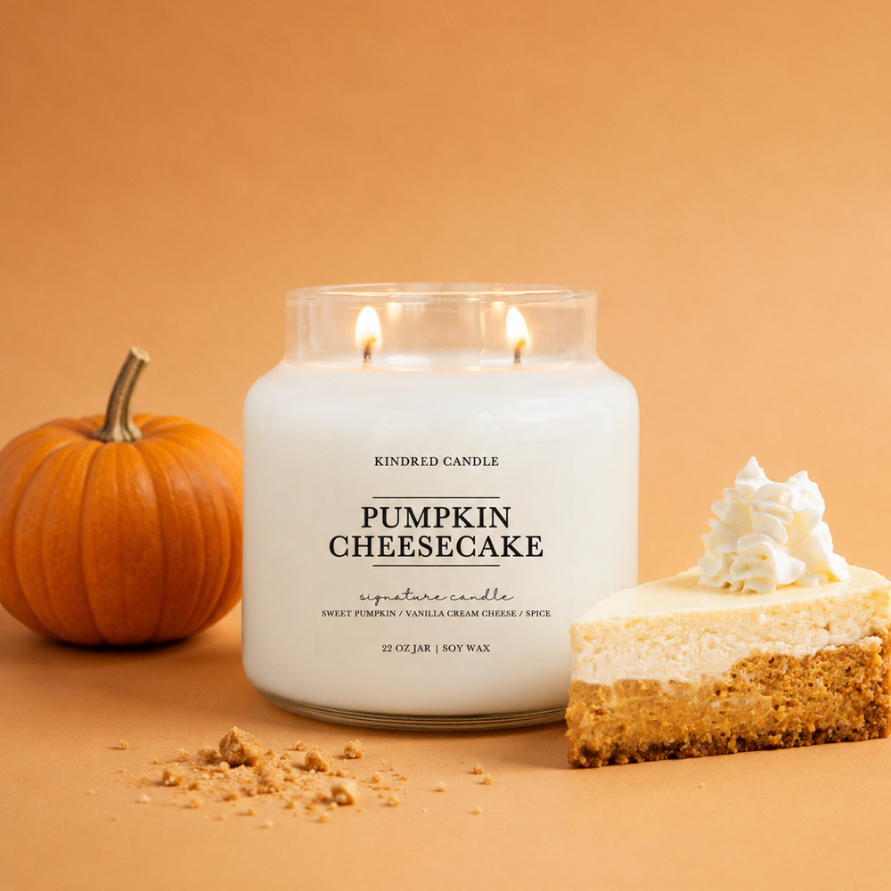 A lit white candle in a clear glass jar labeled 'Pumpkin Cheesecake' by Kindled Candle, styled on a warm orange-brown background with a pumpkin on the left and a slice of pumpkin cheesecake with whipped cream on the right.