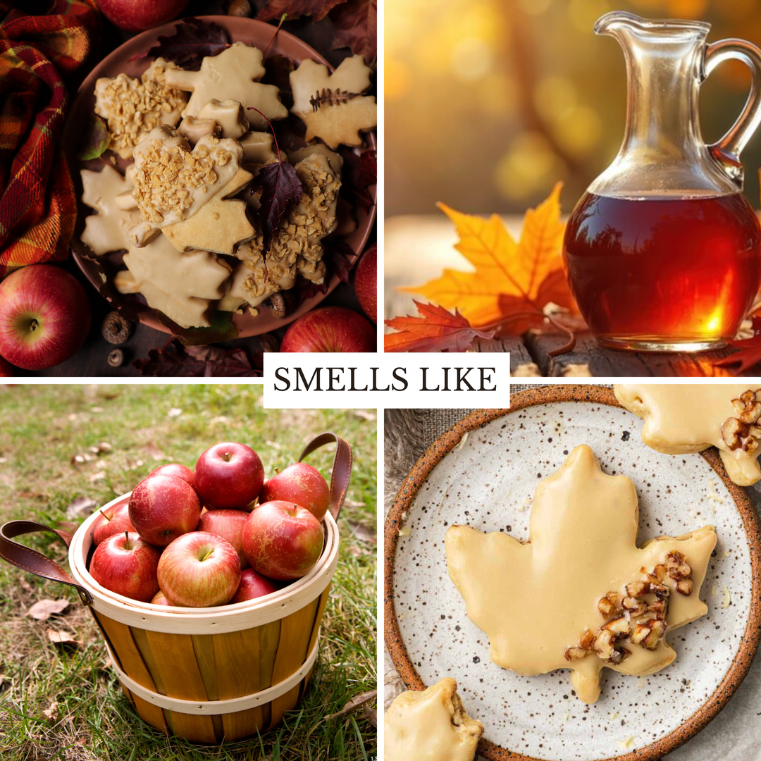 A four-panel autumn-themed collage with the text 'SMELLS LIKE' in the center. The top-left panel shows star-shaped cookies with crumb and nut toppings in a bowl with apples and autumn leaves.