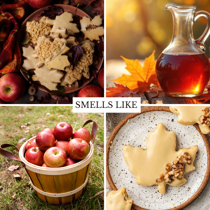 A four-panel autumn-themed collage with the text 'SMELLS LIKE' in the center. The top-left panel shows star-shaped cookies with crumb and nut toppings in a bowl with apples and autumn leaves.