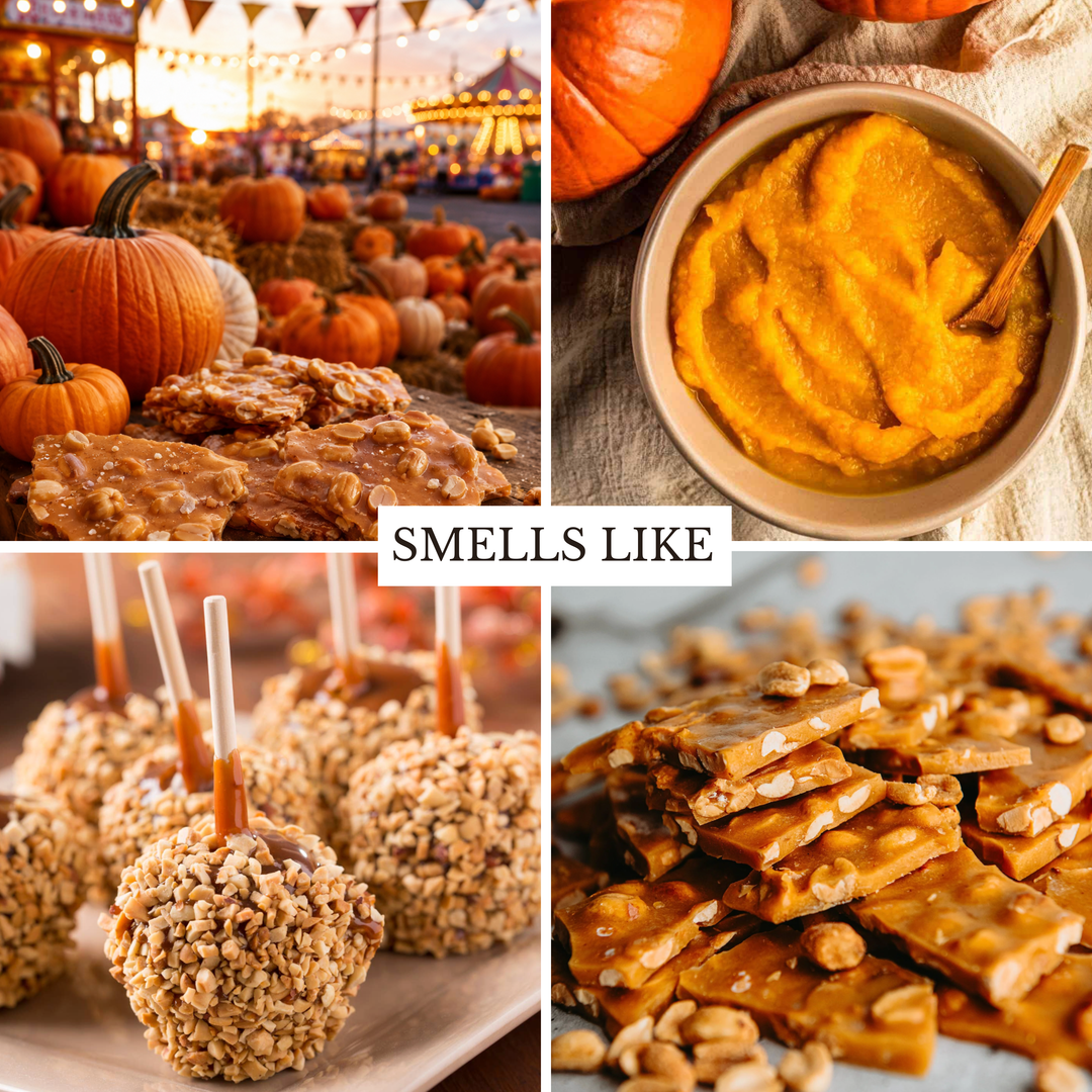 A four-panel autumn food collage with pumpkins, pumpkin pie filling, caramel apples, and caramel candy bark, with a central text overlay reading “SMELLS LIKE.”.