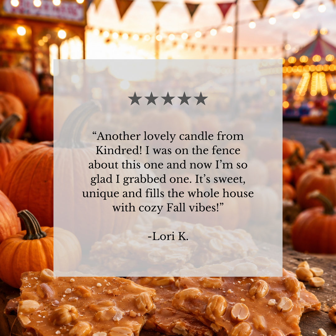 A product listing image featuring a square semi-transparent white card with a customer review quote from Lori K. and five stars, set against a cozy autumn background of pumpkins, warm string lights, and fall decorations.