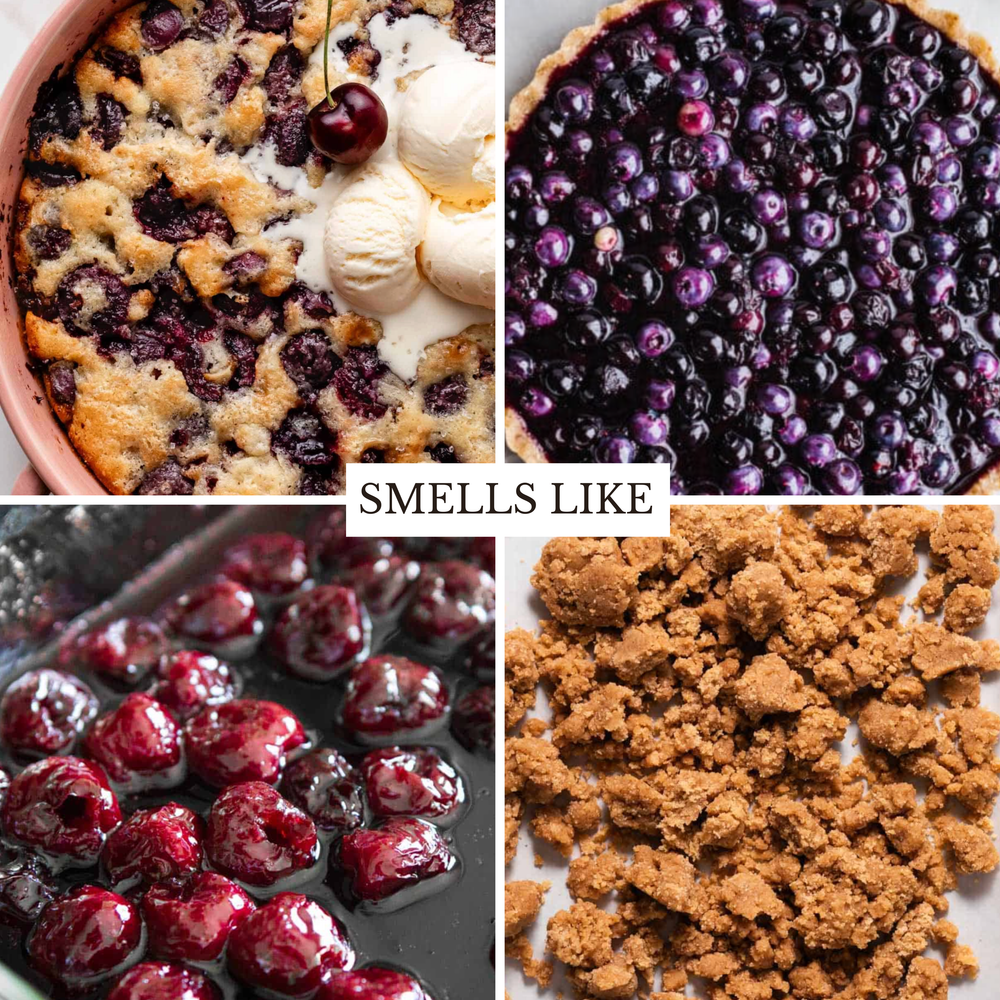 A four-panel collage showing blueberry and cherry desserts and ingredients, with a central text overlay reading “SMELLS LIKE.” The panels show a blueberry cobbler with ice cream, a close-up of a blueberry pie filling, glossy blueberries in syrup, and brown crumb topping.