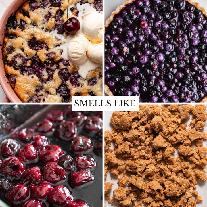 A four-panel collage showing blueberry and cherry desserts and ingredients, with a central text overlay reading “SMELLS LIKE.” The panels show a blueberry cobbler with ice cream, a close-up of a blueberry pie filling, glossy blueberries in syrup, and brown crumb topping.
