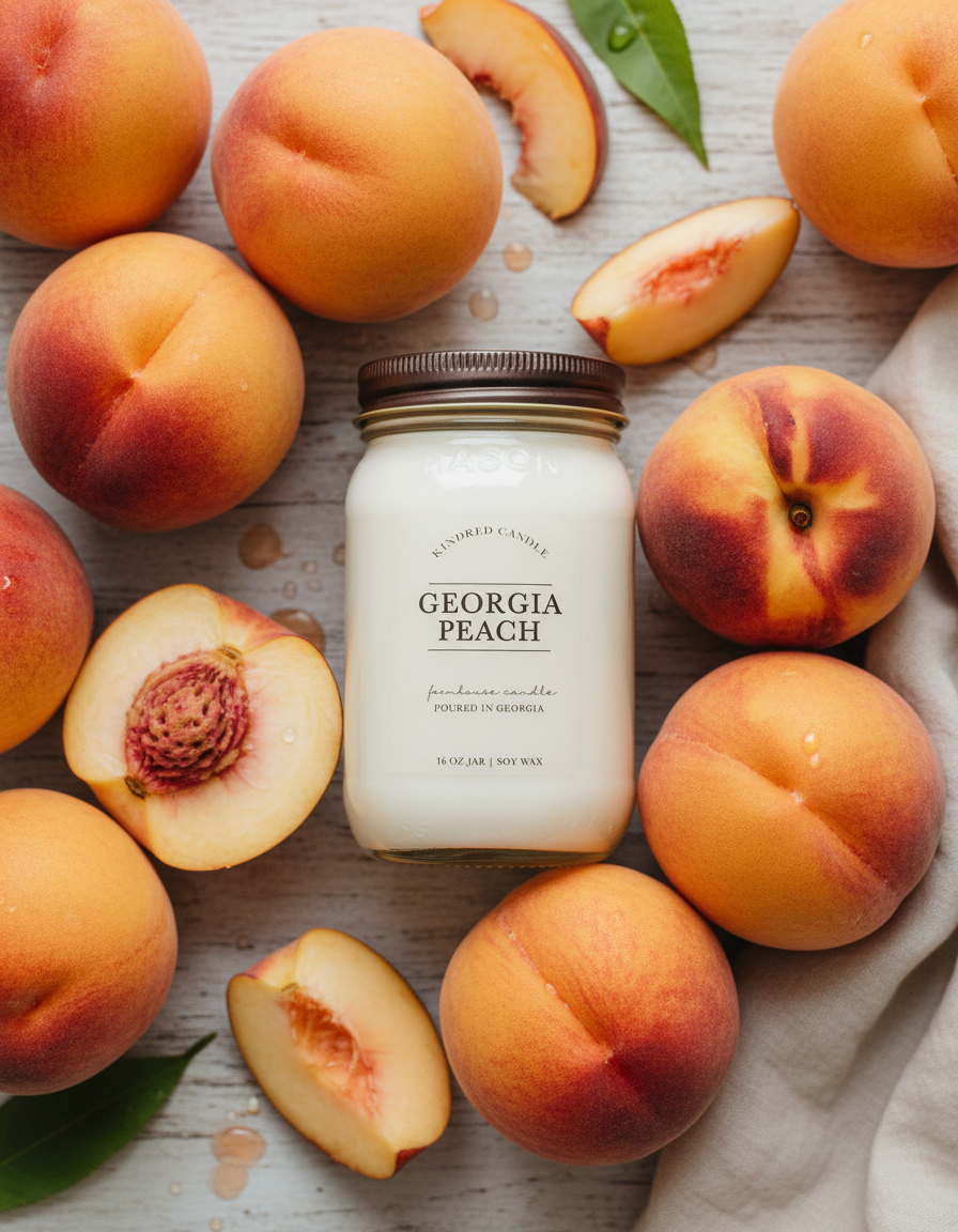 mason jar of 'Georgia Peach' candle surrounded by whole and sliced peaches on a wooden surface.