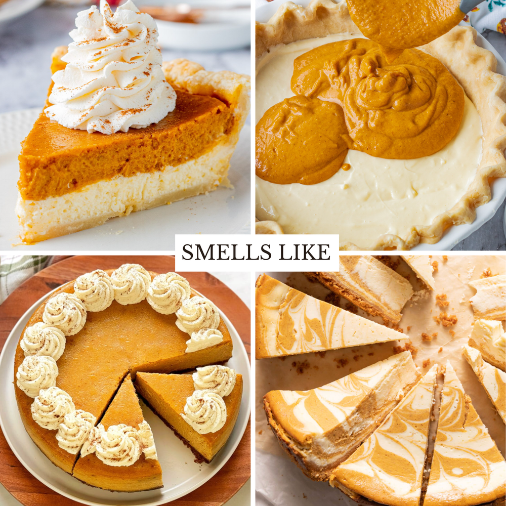 A 2x2 collage showing different pie desserts: a slice of pumpkin pie with whipped cream, pumpkin pie being poured into a crust, a whole pumpkin pie with whipped cream rosettes, and marbled pumpkin and cream pie slices. A central text overlay reads “SMELLS LIKE.