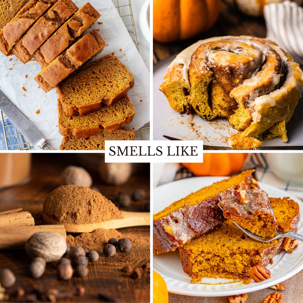 A 2x2 collage showing baked goods that might appeal to someone who likes cinnamon and nutmeg: sliced pumpkin bread, a glazed cinnamon roll, ground cinnamon and whole spices, and a slice of pumpkin cake with pecans. A central text panel reads “SMELLS LIKE.