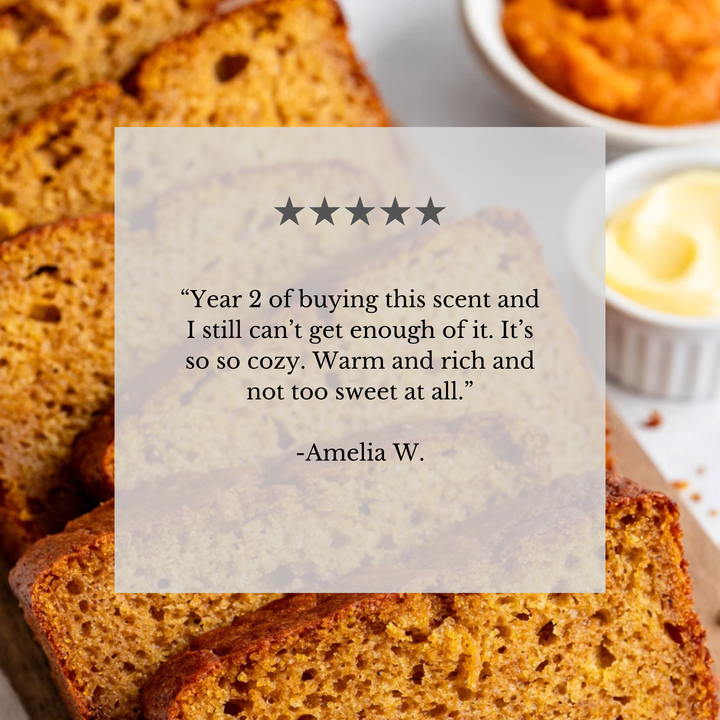 A square product image featuring a warm, rustic background of sliced pumpkin bread and small bowls of butter and pumpkin pie filling, overlaid with a semi-transparent white text box containing a customer review quote from Amelia W.