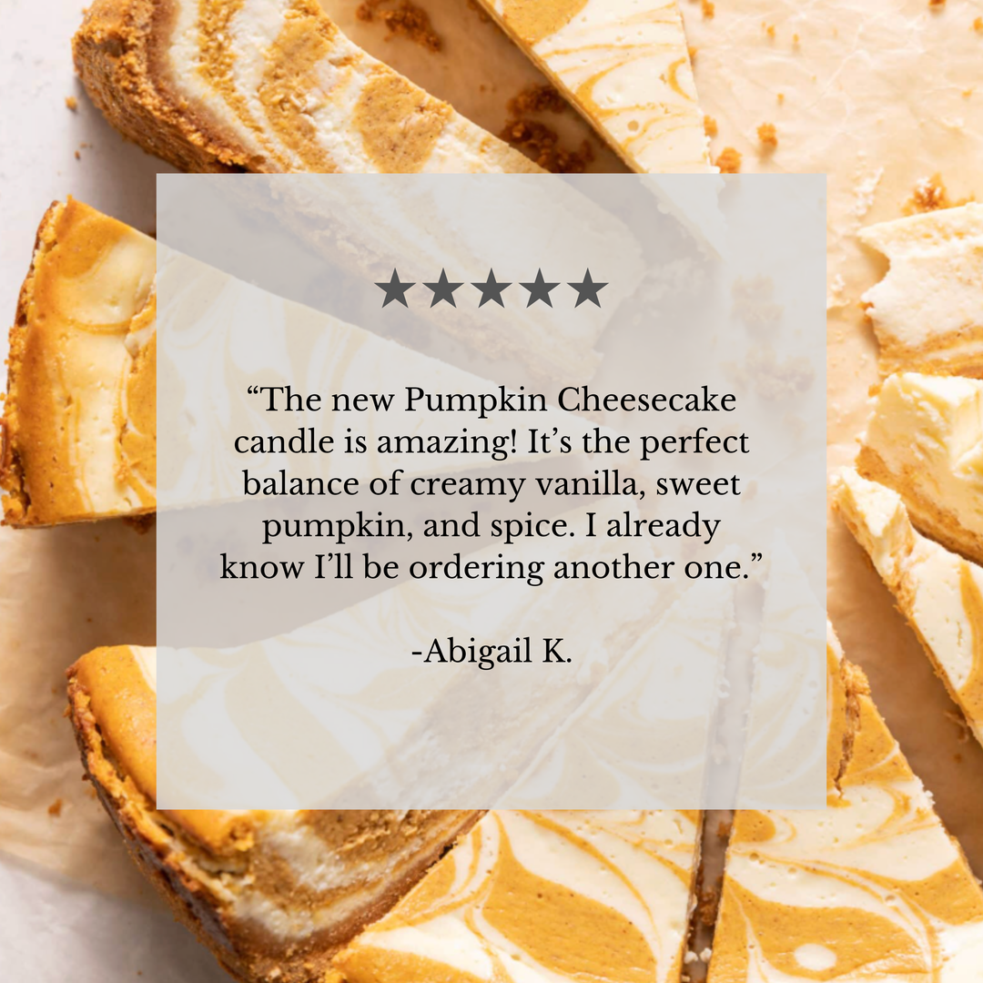 A product listing graphic featuring a pumpkin cheesecake slice background with a large semi-transparent white text box containing a customer review quote attributed to Abigail K.