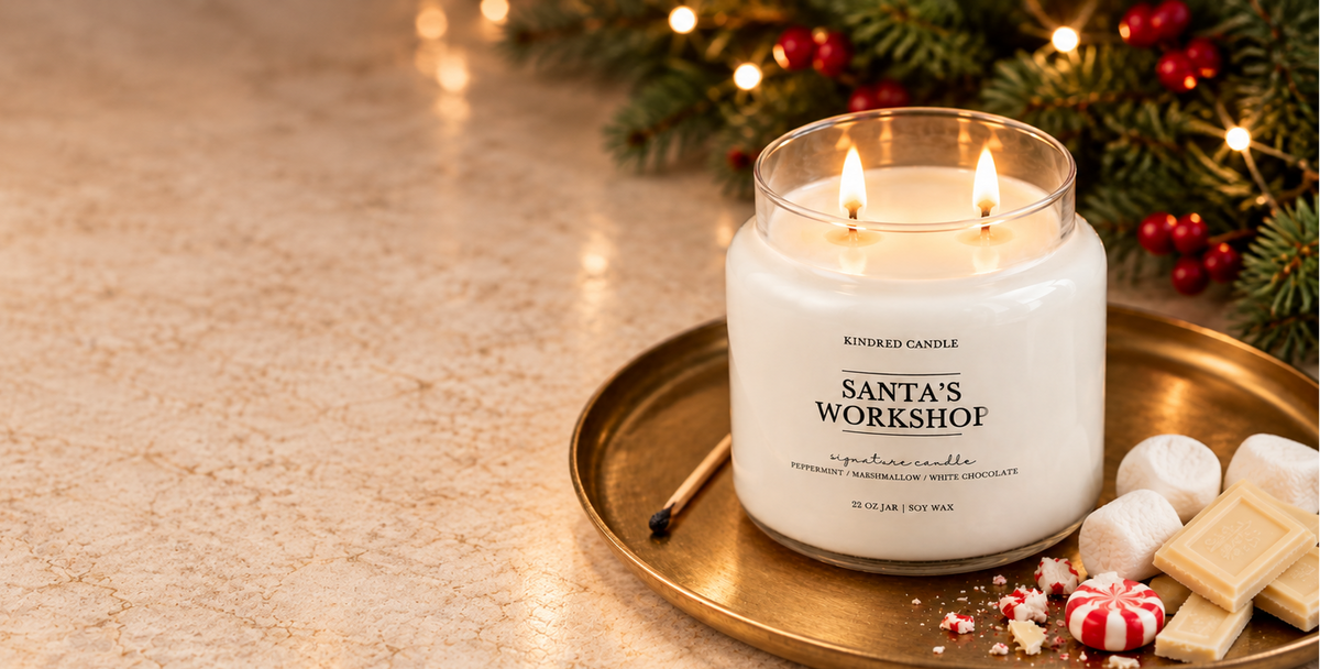 A lit double wick candle in a clear glass jar sits on a round gold tray on a beige stone surface, with holiday greenery, string lights, and marshmallows in the background. The candle label reads 'Kindred Candle' and 'SANTA'S WORKSHOP'.