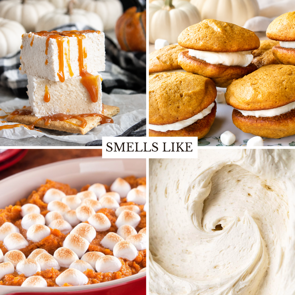 A four-panel food collage with a central text overlay reading 'SMELLS LIKE'. The panels show layered marshmallow and graham cracker sandwiches, a stack of marshmallows with caramel drizzle on a graham cracker, sweet potato casserole topped with toasted marshmallows, and a close-up swirl of creamy white frosting or whipped cream.