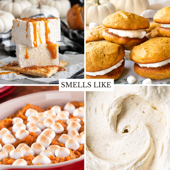 A four-panel food collage with a central text overlay reading 'SMELLS LIKE'. The panels show layered marshmallow and graham cracker sandwiches, a stack of marshmallows with caramel drizzle on a graham cracker, sweet potato casserole topped with toasted marshmallows, and a close-up swirl of creamy white frosting or whipped cream.
