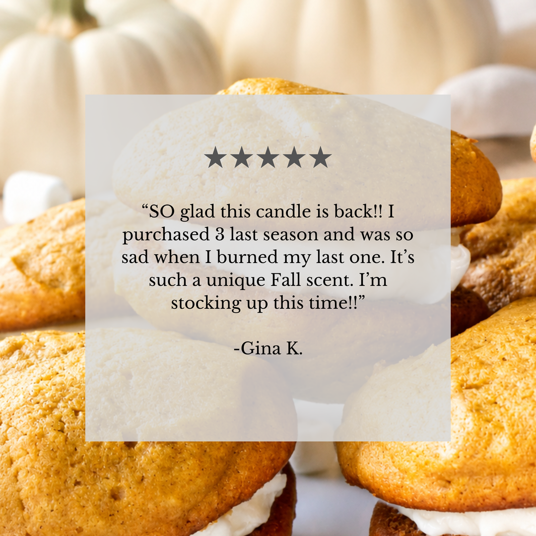 A product review overlay for a candle, featuring a five-star rating and a customer testimonial from Gina K. The background shows a close-up of a pumpkin spice latte with whipped cream and pumpkin cookies, with pumpkins blurred in the background.