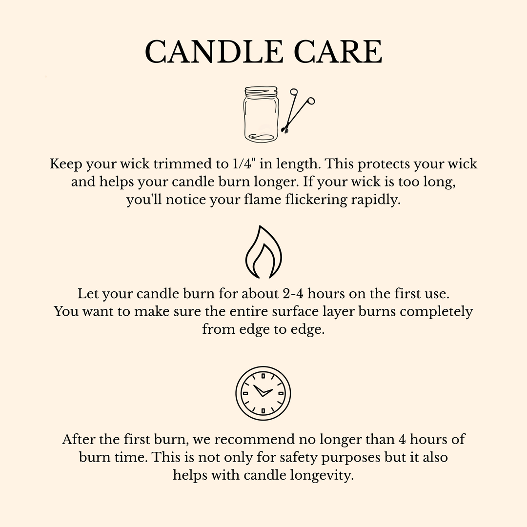 A beige informational graphic titled 'CANDLE CARE' with black text and simple line drawings showing tips for trimming wicks, burning time, and safety after the first burn.