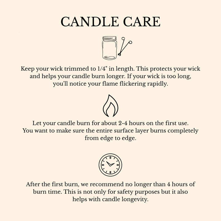 A beige informational graphic titled 'CANDLE CARE' with black text and simple line drawings showing tips for trimming wicks, burning time, and safety after the first burn.