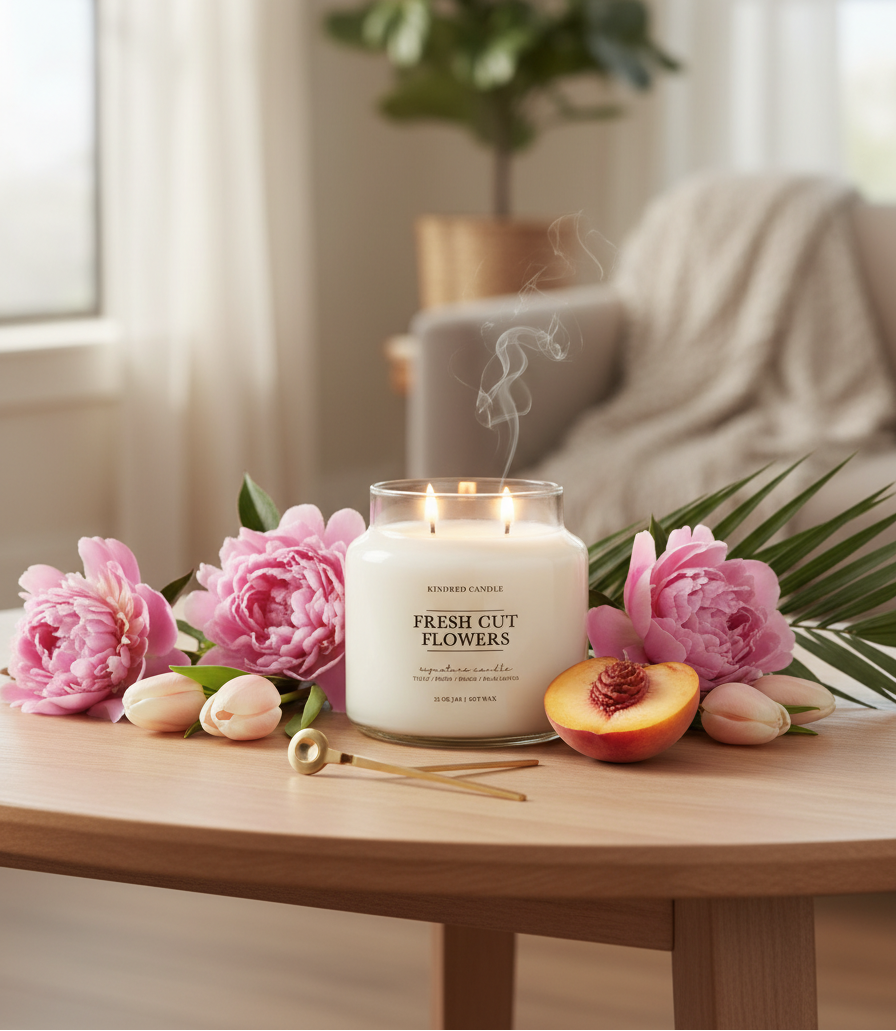 Soy Candle with 'Fresh Cut Flowers' scent on a table with pink flowers and peaches in a home setting.